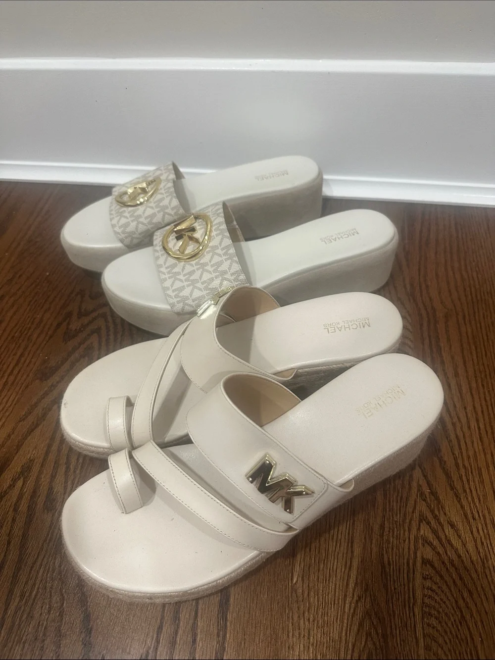 Michael Kors Neutral Logo Slide and Strappy Wedge Sandals in Cream